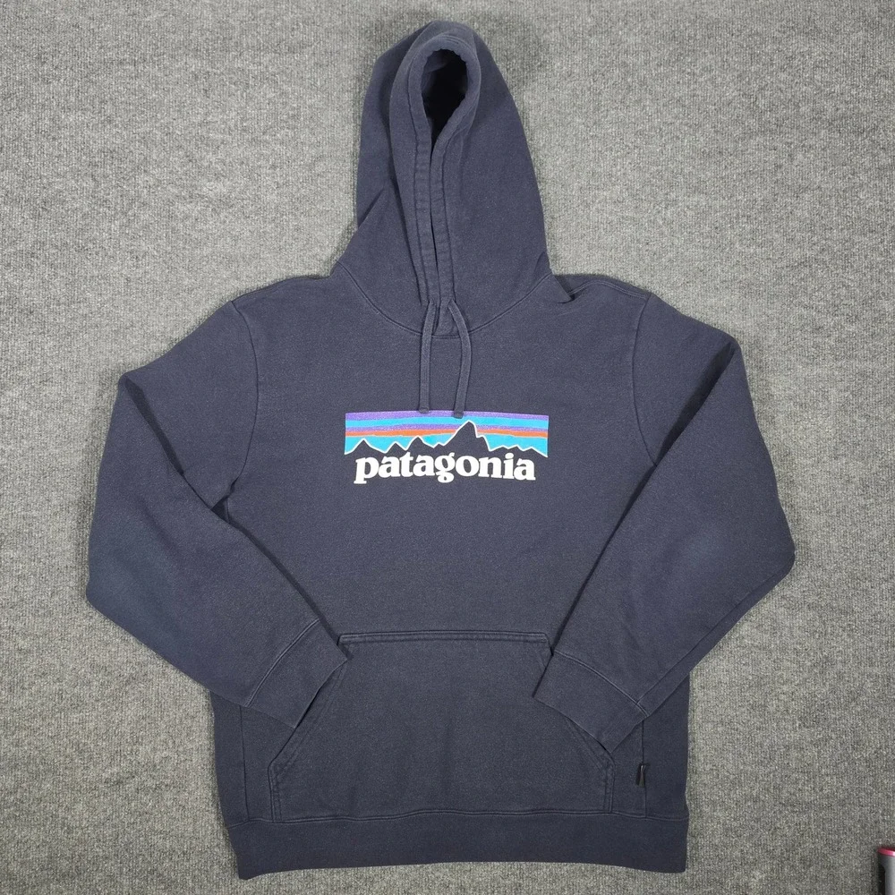 Patagonia Mens L Uprisal Hoodie Navy Blue Fitz Roy Logo Pullover Sweatshirt